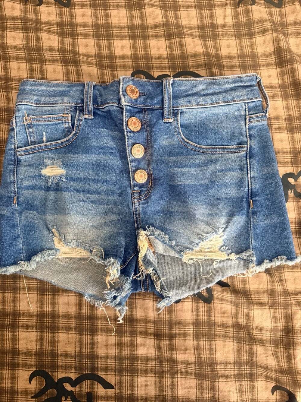 American Eagle Hi-Rise Shortie Jean Shorts Size 4 Blue Distressed